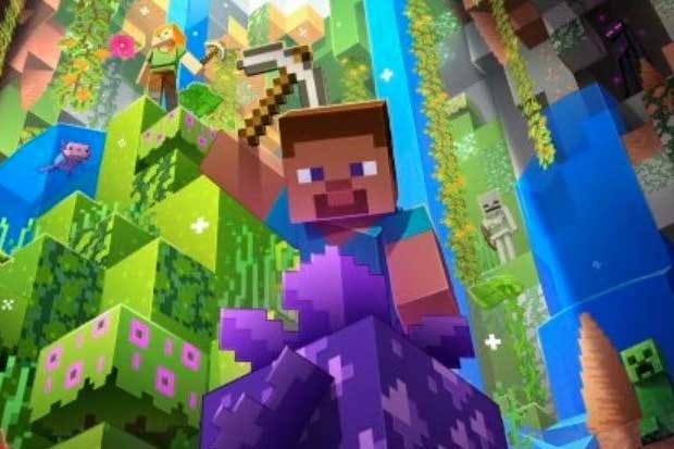 Official Minecraft artwork of Steve holding a pickaxe on an amethyst block, surrounded by lush caves, an axolotl and cave mobs